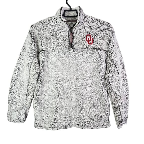 Womens Gray Three Square Faux Fur Sherpa Pullover Jacket 1/4 Zip OU Sooners L - Picture 1 of 11